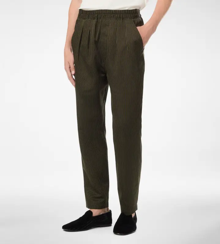 COTTON SILK BENGAL STRIPE PLEATED LOUNGE PANT COMBO BLACK & MILITARY GREEN online